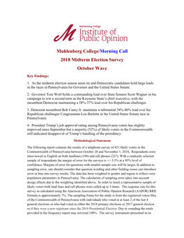 Muhlenberg College/Morning Call 2018 Midterm Election Survey October Wave Key Findings: 1