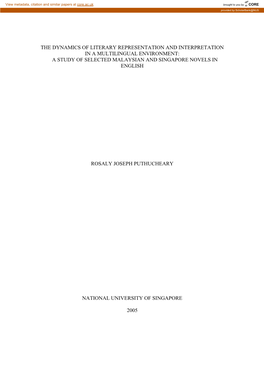 The Dynamics of Literary Representation and Interpretation in a Multilingual Environment: a Study of Selected Malaysian and Singapore Novels in English