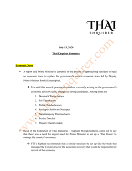 July 13, 2020 Thai Enquirer Summary Economic News • a Report Said