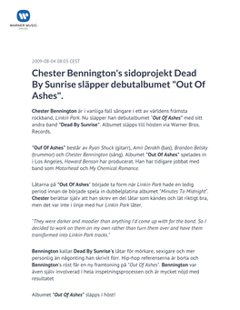 Chester Bennington's Sidoprojekt Dead by Sunrise Släpper Debutalbumet "Out of Ashes"