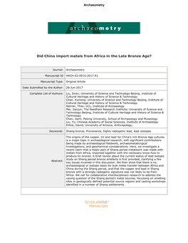 Did China Import Metals from Africa in the Bronze Age? 5 6 7 8 * 9 S