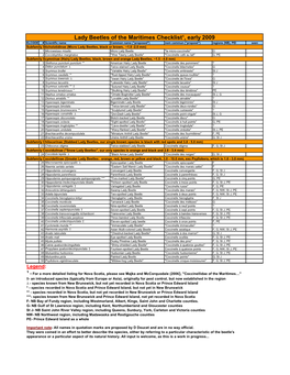 Lady Beetles of the Maritimes Checklist¹, Early 2009