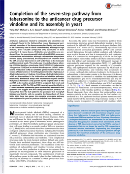 Completion of the Seven-Step Pathway from Tabersonine to the Anticancer Drug Precursor Vindoline and Its Assembly in Yeast