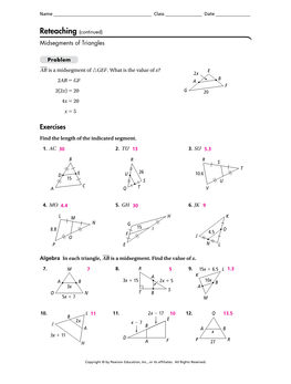 Reteaching (Continued) Midsegments of Triangles