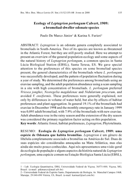 Ecology of Leptagrion Perlongum Calvert, 1909: a Bromeliad-Dweller Odonate Species