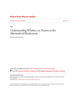 Understanding Whittier; Or, Warren in the Aftermath of Modernism Mark Royden Winchell