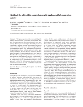 Lipids of the Ultra-Thin Square Halophilic Archaeon Haloquadratum Walsbyi