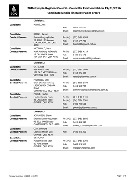 2016 Gympie Regional Council - Councillor Election Held on 19/03/2016 Candidate Details (In Ballot Paper Order)