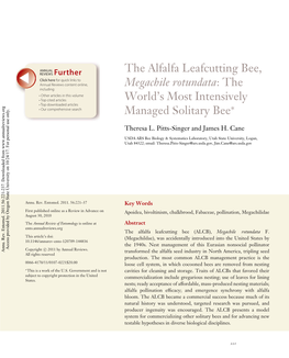 The Alfalfa Leafcutting Bee, Megachile Rotundata:The World’S Most Intensively Managed Solitary Bee∗