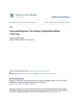 Crisis and Response: the Creation of Maryland's Militia, 1793-1794