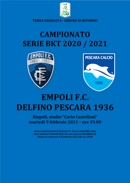 Cartella Stampa Empoli-Pescara -22° Giornata Serie B