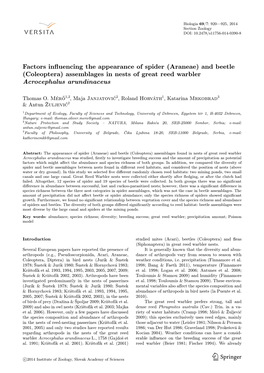 (Coleoptera) Assemblages in Nests of Great Reed Warbler Acrocephalus Arundinaceus