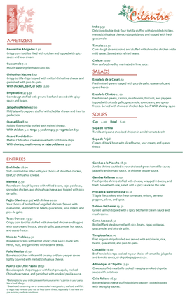 New Cilantro Dinner Menu