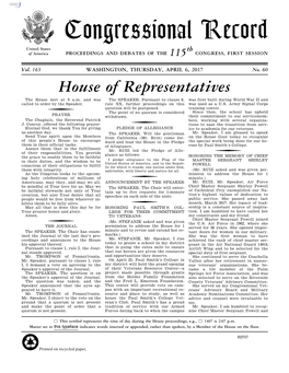 Congressional Record United States Th of America PROCEEDINGS and DEBATES of the 115 CONGRESS, FIRST SESSION