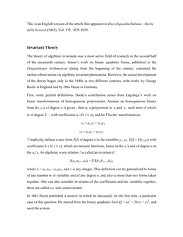 Theory of Algebraic Invariants Was a Most Active Field of Research in the Second Half of the Nineteenth Century