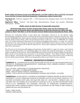 (Local Office/Branch): Axis Bank Limited at Door No.43-9-141, Sri Gayatri Towers, 4Th Floor, Sri Kanya Main Road, Dondaparthy, Visakhapatnam, Andhra Pradesh-530016