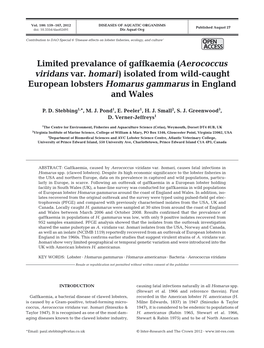 Limited Prevalance of Gaffkaemia (Aerococcus Viridans Var. Homari) Isolated from Wild-Caught European Lobsters Homarus Gammarus in England and Wales