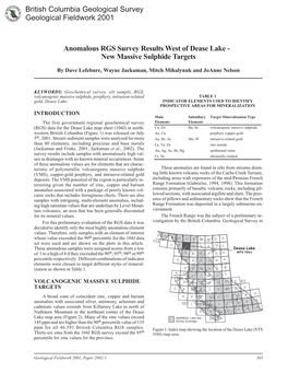 Anomalous RGS Survey Results West of Dease Lake - New Massive Sulphide Targets