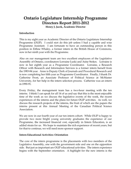 Ontario Legislature Internship Programme Directors Report 2011-2012 Henry J