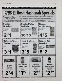 Rosh Hashanah Specials Prices Good Thru We Would Like to Wish All Our Jewish Customers Oct