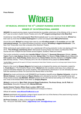 Hit Musical Wicked Is the 10Th Longest-Running Show in the West End