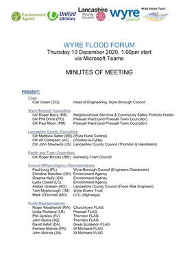 WYRE FLOOD FORUM Thursday 10 December 2020, 1.00Pm Start Via Microsoft Teams