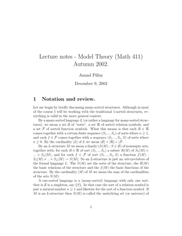 Lecture Notes - Model Theory (Math 411) Autumn 2002