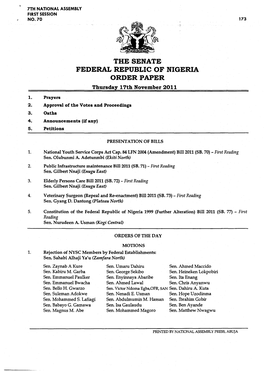 FEDERAL REPUBLIC of NIGERIA ORDER PAPER Thursday 17Th November 2011