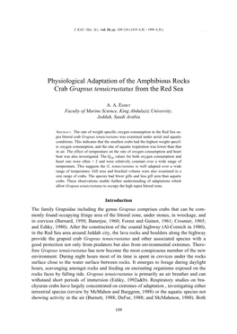 Physiological Adaptation of the Amphibious Rocks Crab Grapsus Tenuicrustatus from the Red Sea