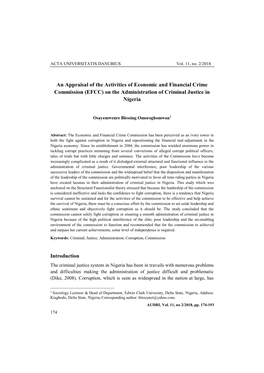 An Appraisal of the Activities of Economic and Financial Crime Commission (EFCC) on the Administration of Criminal Justice in Nigeria