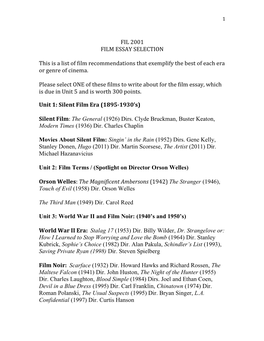 FIL 2001 FILM ESSAY SELECTION This Is a List of Film