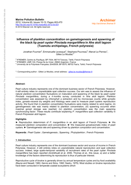 Influence of Plankton Concentration on Gametogenesis and Spawning of the Black Lip Pearl Oyster Pinctada Margaritifera in Ahe At