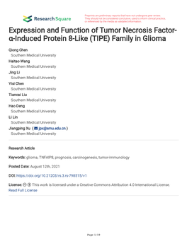 Expression and Function of Tumor Necrosis Factor- Α-Induced Protein 8-Like (TIPE) Family in Glioma