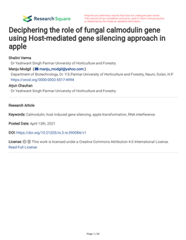 Deciphering the Role of Fungal Calmodulin Gene Using Host-Mediated Gene Silencing Approach in Apple