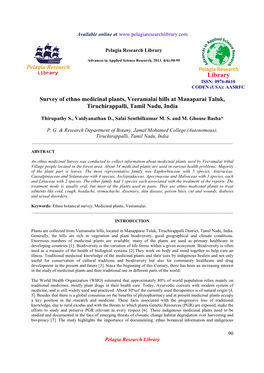 Survey of Ethno Medicinal Plants, Veeramalai Hills at Manaparai Taluk, Tiruchirappalli, Tamil Nadu, India
