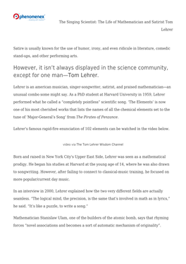 The Singing Scientist: the Life of Mathematician and Satirist Tom Lehrer