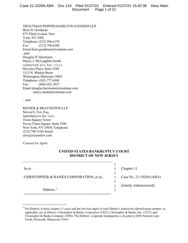 UNITED STATES BANKRUPTCY COURT DISTRICT of NEW JERSEY ) in Re: ) Chapter 11 ) CHRISTOPHER & BANKS CORPORATION, Et Al