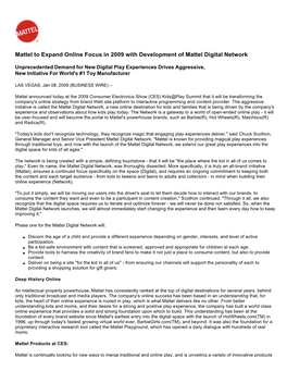 Mattel to Expand Online Focus in 2009 with Development of Mattel Digital Network