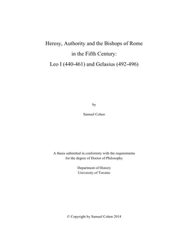 Heresy, Authority and the Bishops of Rome in the Fifth Century: Leo I (440-461) and Gelasius (492-496)