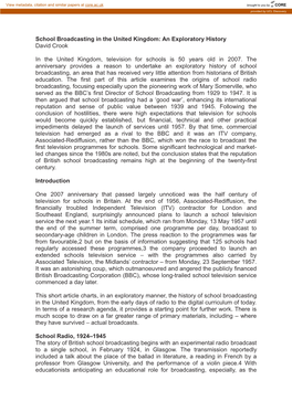 School Broadcasting in the United Kingdom: an Exploratory History David Crook )N and History in the United Kingdom, Television for Schools Is 50 Years Old in 2007