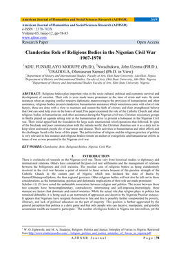 Clandestine Role of Religious Bodies in the Nigerian Civil War 1967-1970