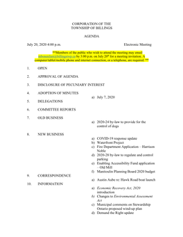 CORPORATION of the TOWNSHIP of BILLINGS AGENDA July 20