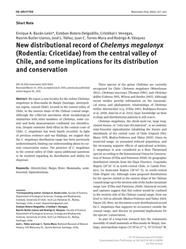 New Distributional Record of Chelemys Megalonyx (Rodentia: Cricetidae) from the Central Valley of Chile, and Some Implications for Its Distribution and Conservation