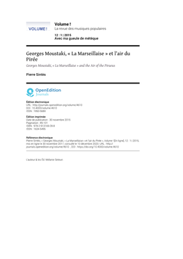 Georges Moustaki, « La Marseillaise » Et L’Air Du Pirée Georges Moustaki, « La Marseillaise » and the Air of the Piraeus