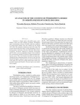 An Analysis of the Content of Pteridophyta Spores in Aeroplankton of Lublin (2013–2014)