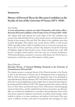 Summaries History of Doctoral Theses by Slovenian Candidates at The