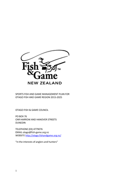 Sports Fish and Game Management Plan for Otago Fish and Game Region 2015-2025