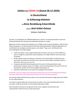 Zahlen Zu COVID-19 (Stand 28.12.2020) in Deutschland in Schleswig-Holstein