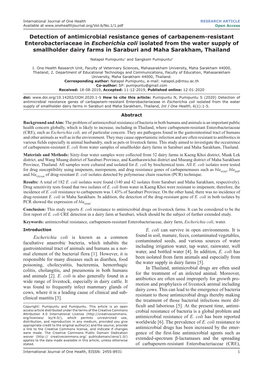 Detection of Antimicrobial Resistance Genes of Carbapenem-Resistant Enterobacteriaceae in Escherichia Coli Isolated from the Water Supply of Smallholder Dairy Farms in Saraburi And