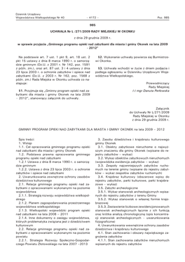 985 UCHWAŁA Nr L /271/2009 RADY MIEJSKIEJ W OKONKU Z Dnia 29 Grudnia 2009 R. W Sprawie Przyjęcia „Gminnego Programu Opieki N